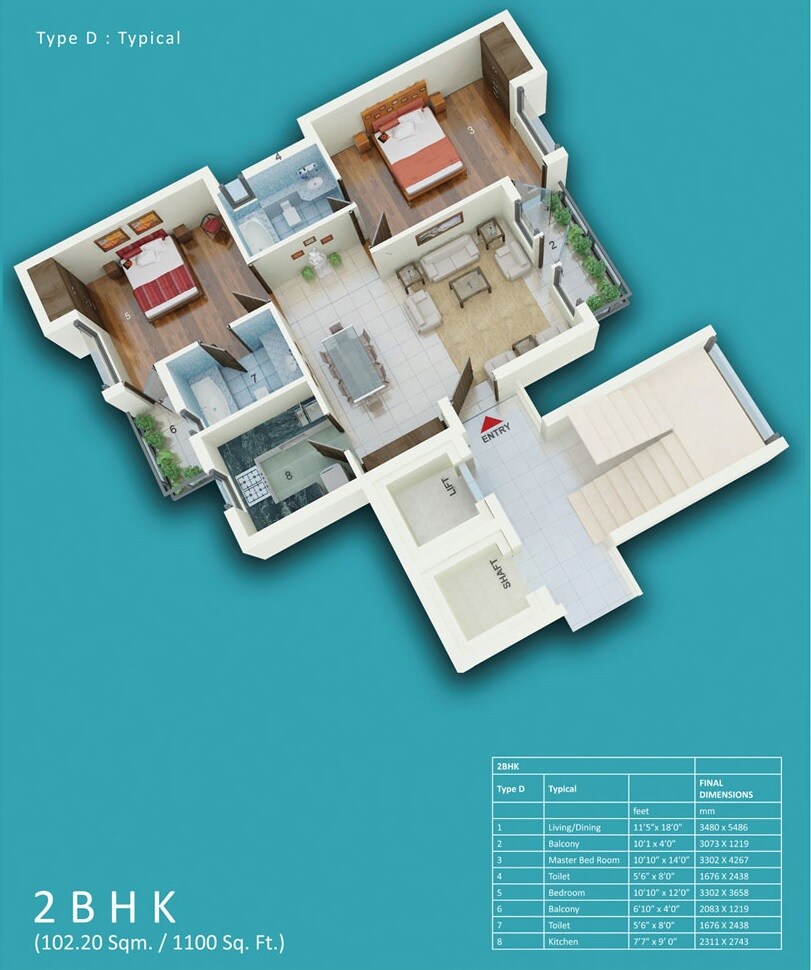 Floor plan of 2 BHK 1100 Sq. Ft. Apartment in Jaypee Sports City, Greater Noida