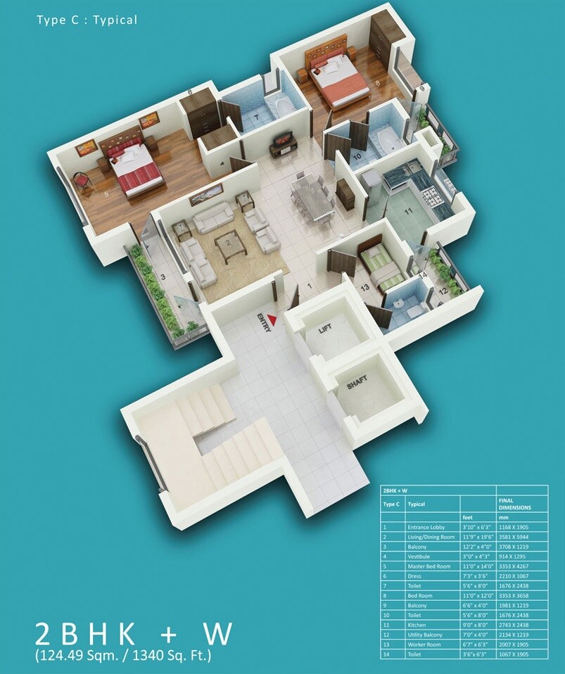 Floor plan of 2 BHK 1340 Sq. Ft. Apartment in Jaypee Sports City, Greater Noida