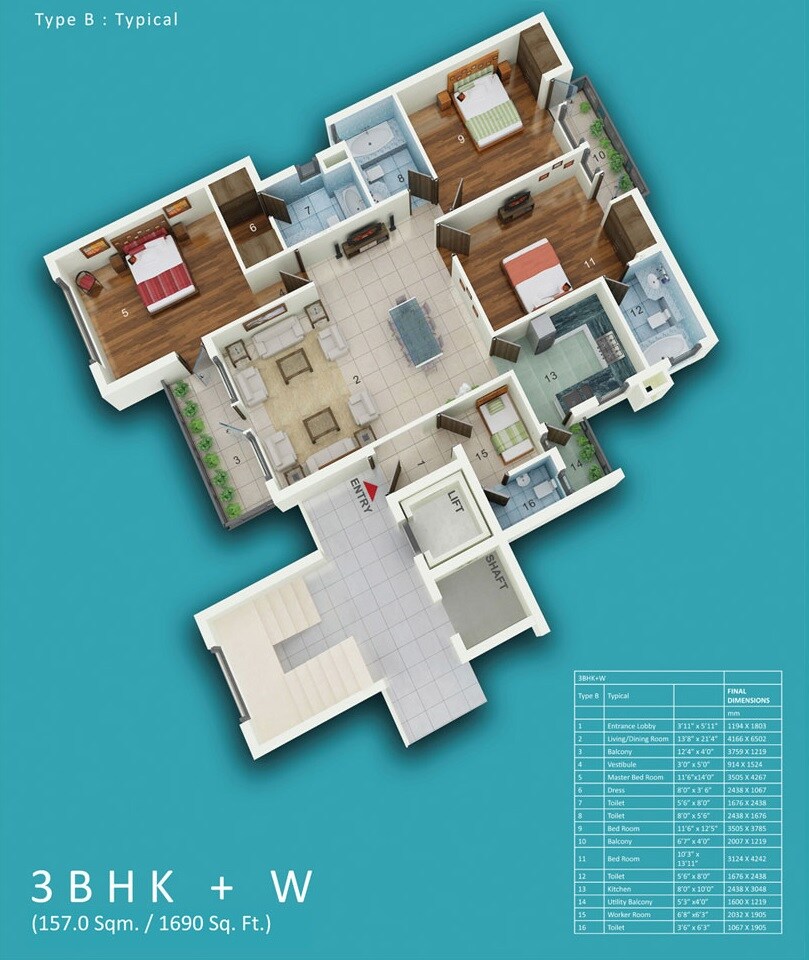 Floor plan of 3 BHK 1690 Sq. Ft. Apartment in Jaypee Sports City, Greater Noida