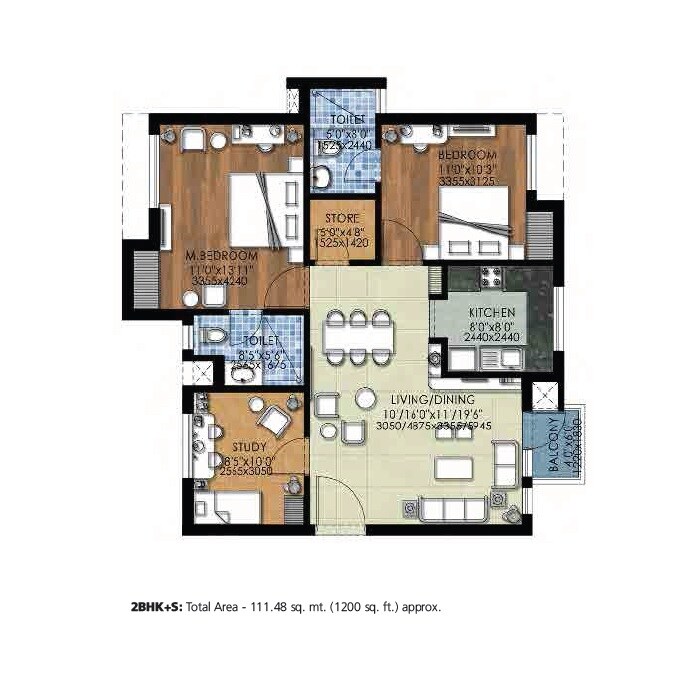 Floor plan of 2 BHK 1200 Sq. Ft. Apartment in Jaypee Sports City The Kove, Greater Noida