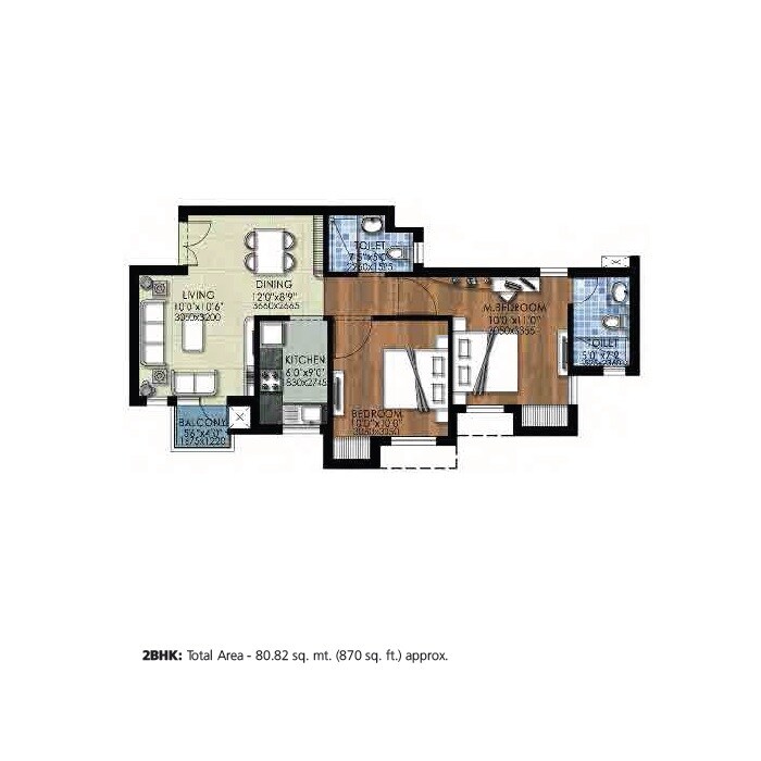 Floor plan of 2 BHK 870 Sq. Ft. Apartment in Jaypee Sports City The Kove, Greater Noida