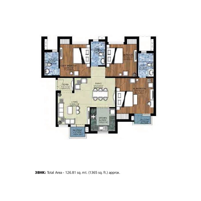 Floor plan of 3 BHK 1365 Sq. Ft. Apartment in Jaypee Sports City The Kove, Greater Noida