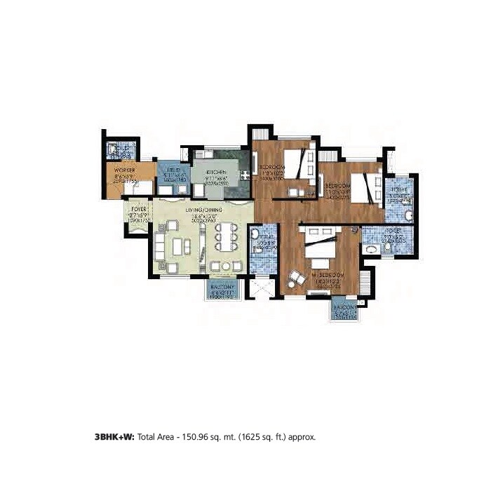 Floor plan of 3 BHK 1625 Sq. Ft. Apartment in Jaypee Sports City The Kove, Greater Noida