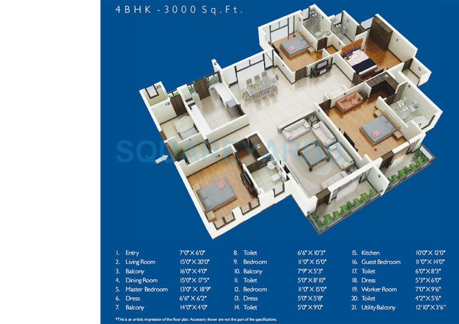 Floor plan of 4 BHK 3000 Sq. Ft. Apartment in Jaypee Greens The Castille II, Greater Noida