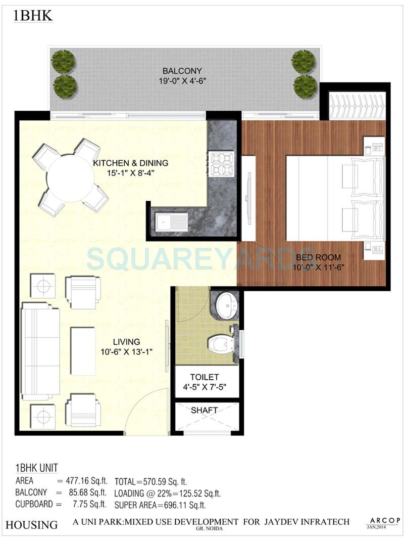 Floor plan of 1 BHK 696 Sq. Ft. Apartment in JD Group The Uni Residence, Greater Noida