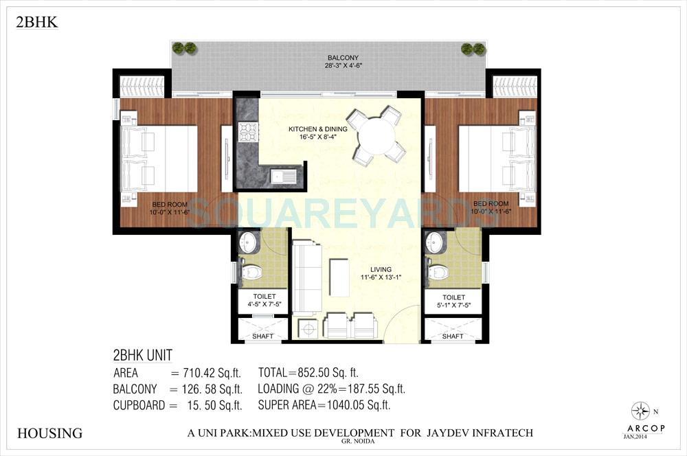 Floor plan of 2 BHK 1040 Sq. Ft. Apartment in JD Group The Uni Residence, Greater Noida