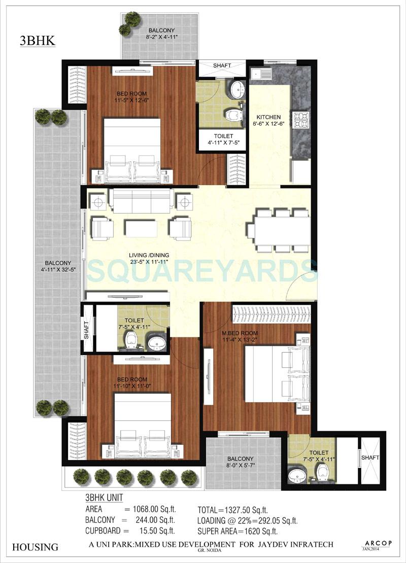Floor plan of 3 BHK 1620 Sq. Ft. Apartment in JD Group The Uni Residence, Greater Noida
