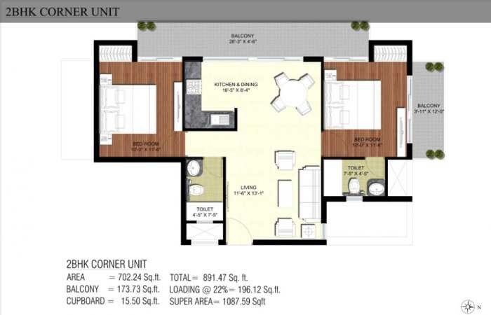Floor plan of 2 BHK 1087 Sq. Ft. Apartment in JD Uni Park, Greater Noida