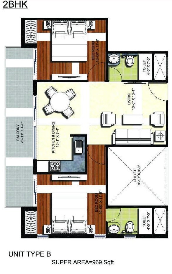 Floor plan of 2 BHK 969 Sq. Ft. Apartment in JD Uni Park, Greater Noida
