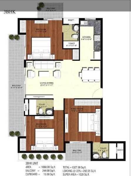 Floor plan of 3 BHK 1620 Sq. Ft. Apartment in JD Uni Park, Greater Noida