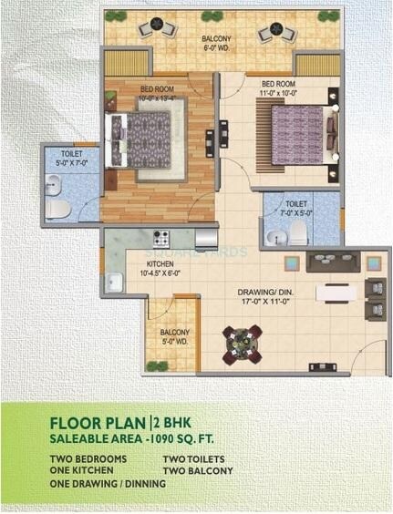 Floor plan of 2 BHK 1090 Sq. Ft. Apartment in JKG Palm Court, Greater Noida
