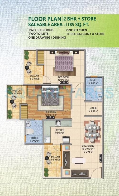 Floor plan of 2 BHK 1185 Sq. Ft. Apartment in JKG Palm Court, Greater Noida