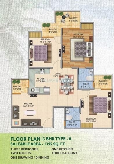 Floor plan of 3 BHK 1395 Sq. Ft. Apartment in JKG Palm Court, Greater Noida