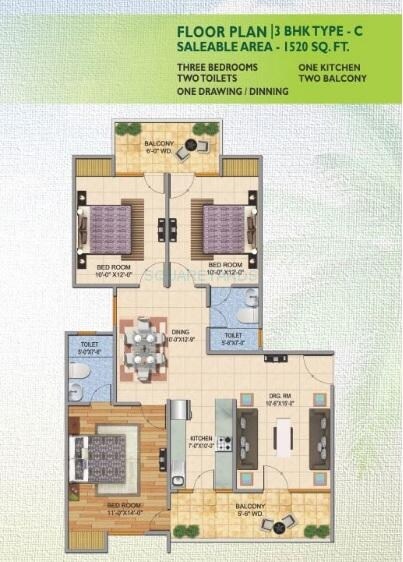 Floor plan of 3 BHK 1520 Sq. Ft. Apartment in JKG Palm Court, Greater Noida