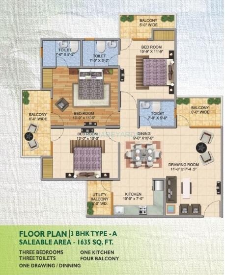 Floor plan of 3 BHK 1635 Sq. Ft. Apartment in JKG Palm Court, Greater Noida