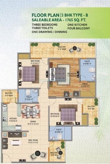 Floor plan of 3 BHK 1765 Sq. Ft. Apartment in JKG Palm Court, Greater Noida