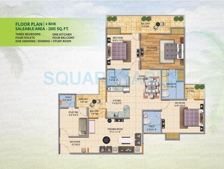 Floor plan of 3 BHK 2005 Sq. Ft. Apartment in JKG Palm Court, Greater Noida