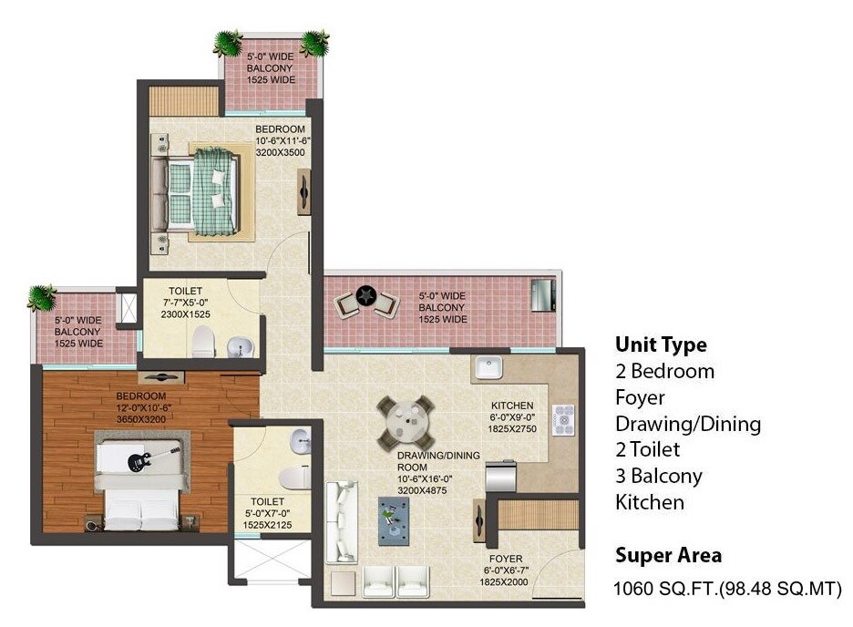 Floor plan of 2 BHK 1060 Sq. Ft. Apartment in JM Florance, Greater Noida