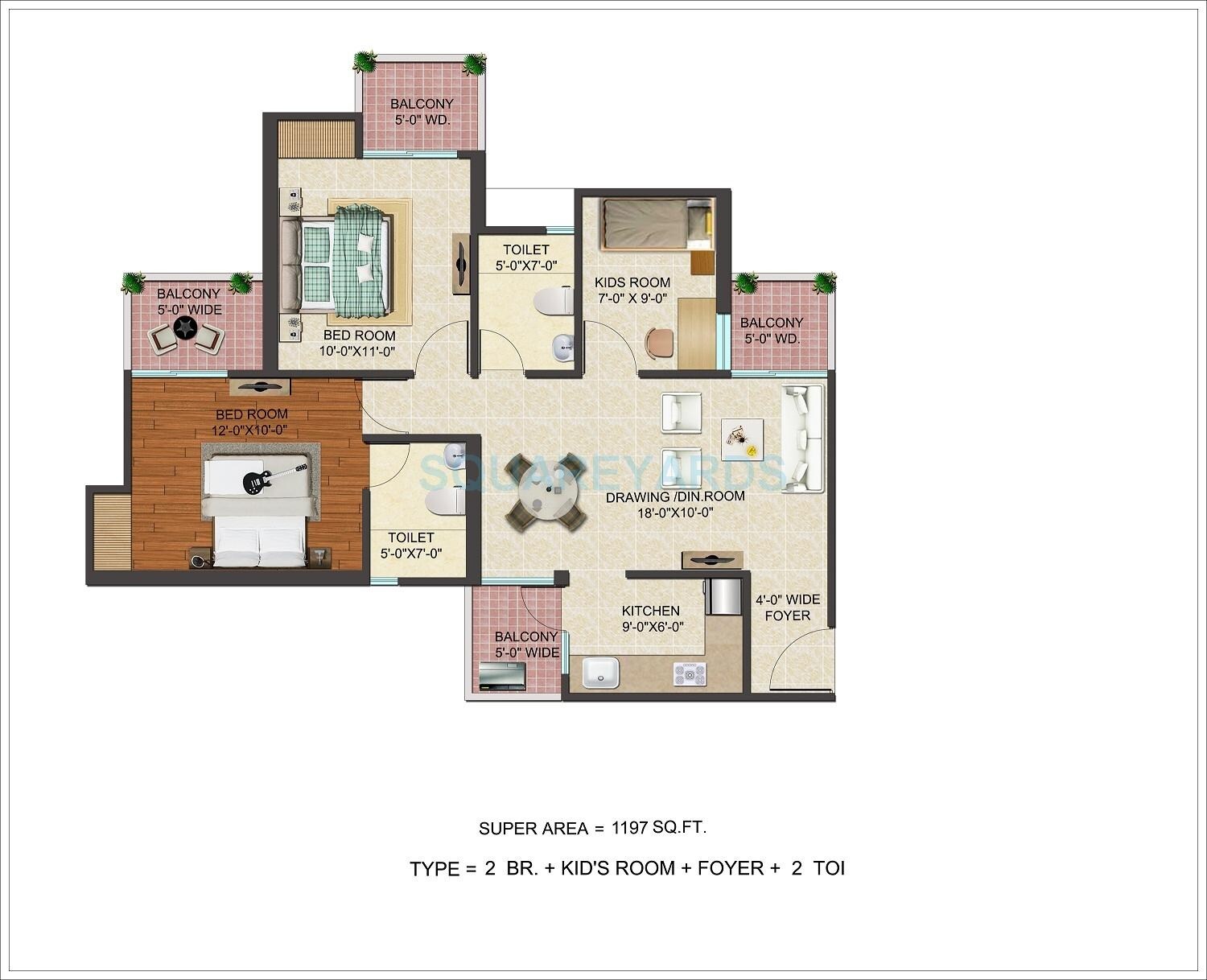 Floor plan of 2 BHK 1197 Sq. Ft. Apartment in JM Florance, Greater Noida