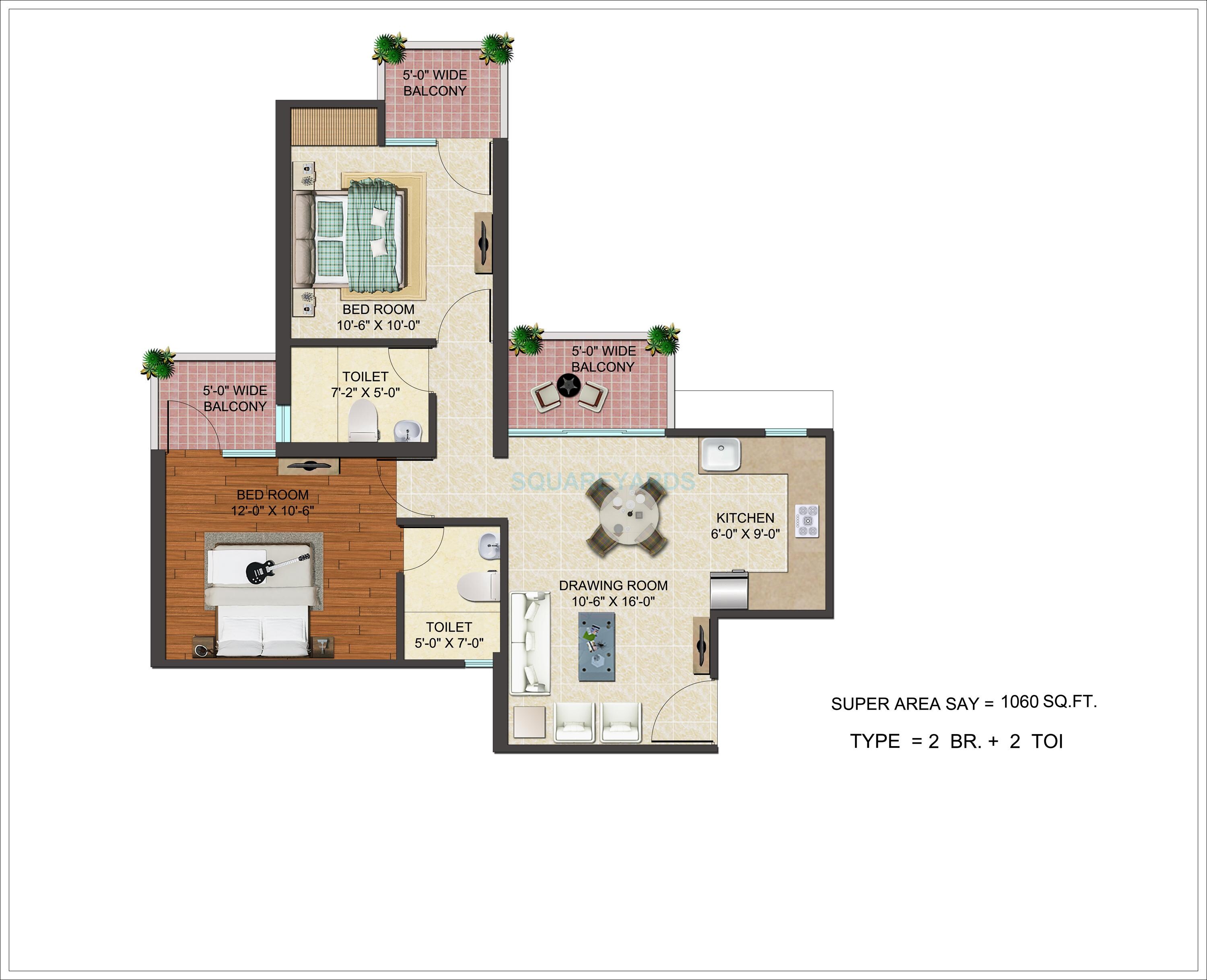 Floor plan of 2 BHK 1060 Sq. Ft. Apartment in JM Florence, Greater Noida
