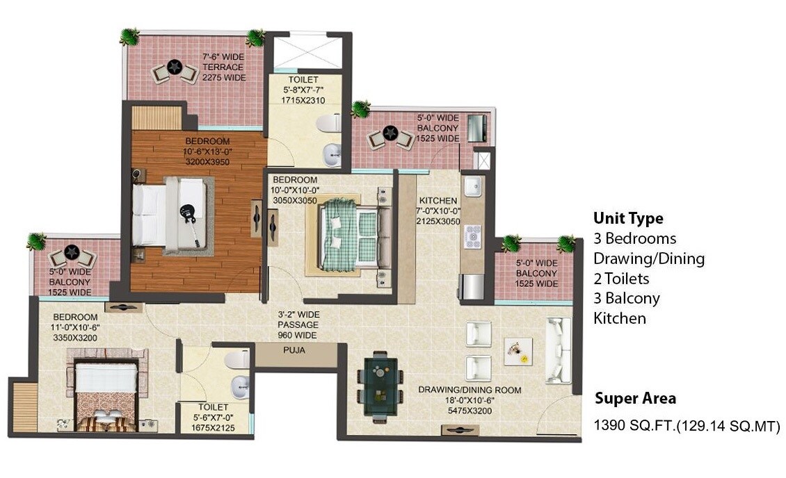 Floor plan of 3 BHK 1390 Sq. Ft. Apartment in JM Florance, Greater Noida