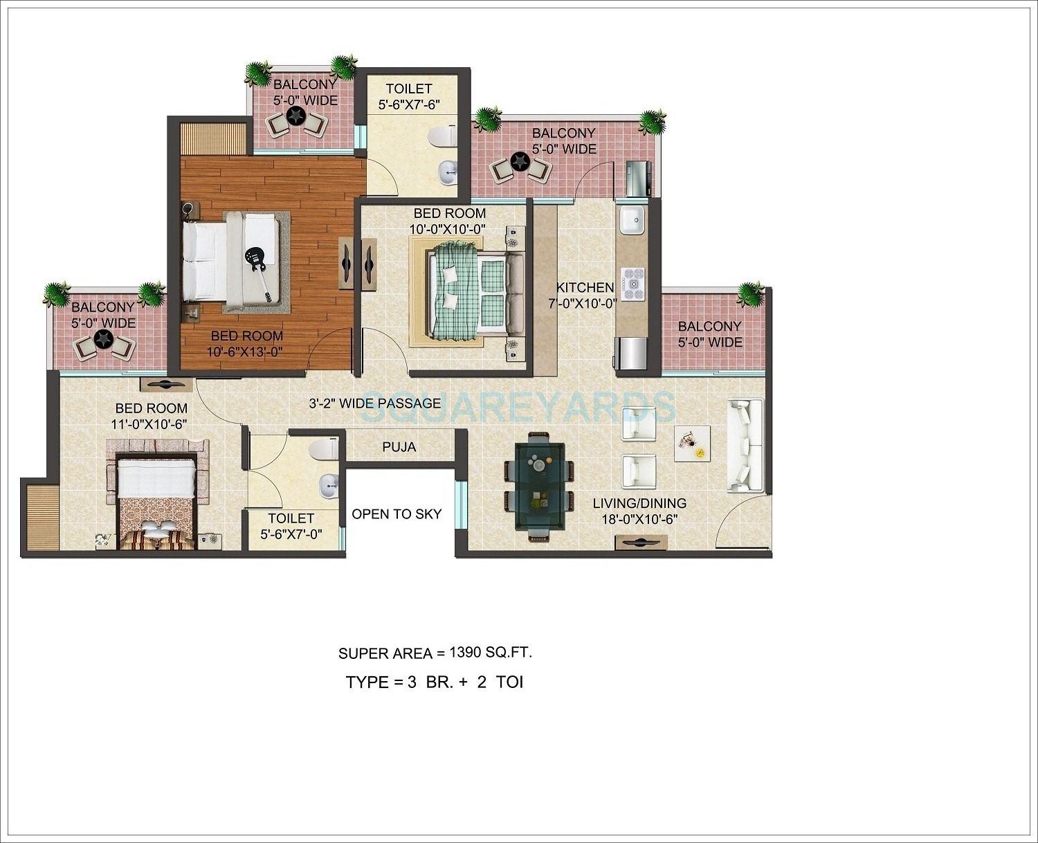 Floor plan of 3 BHK 1390 Sq. Ft. Apartment in JM Florence, Greater Noida
