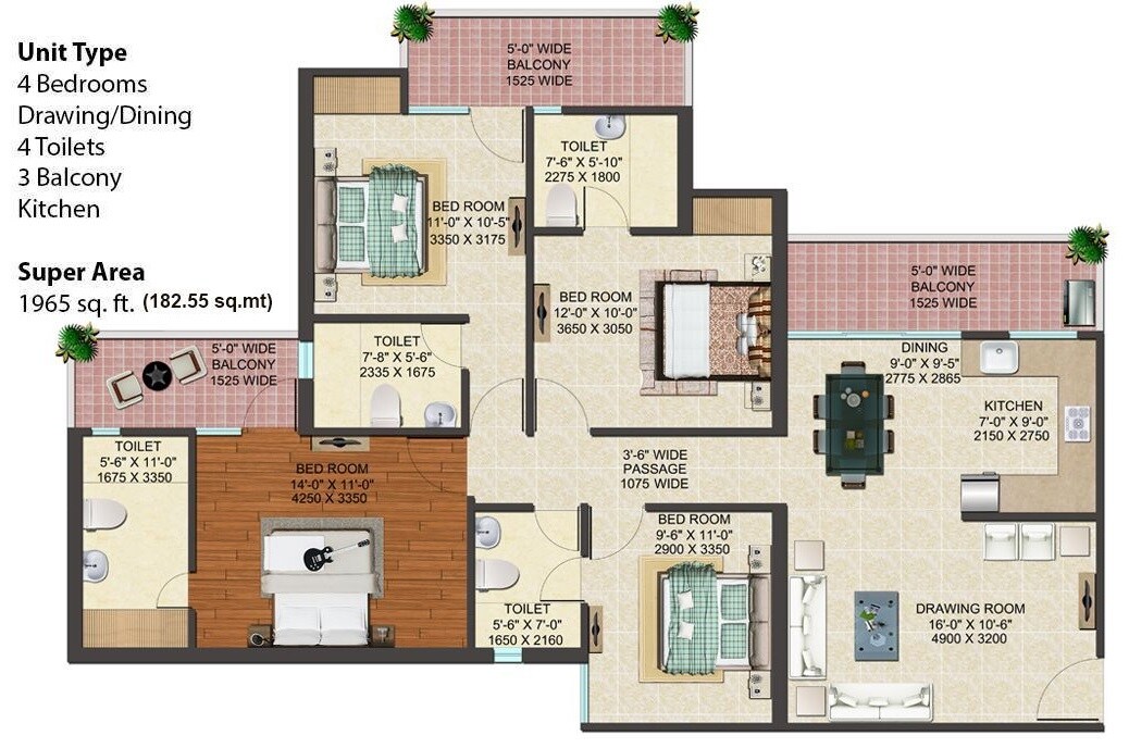 Floor plan of 4 BHK 1965 Sq. Ft. Apartment in JM Florance, Greater Noida