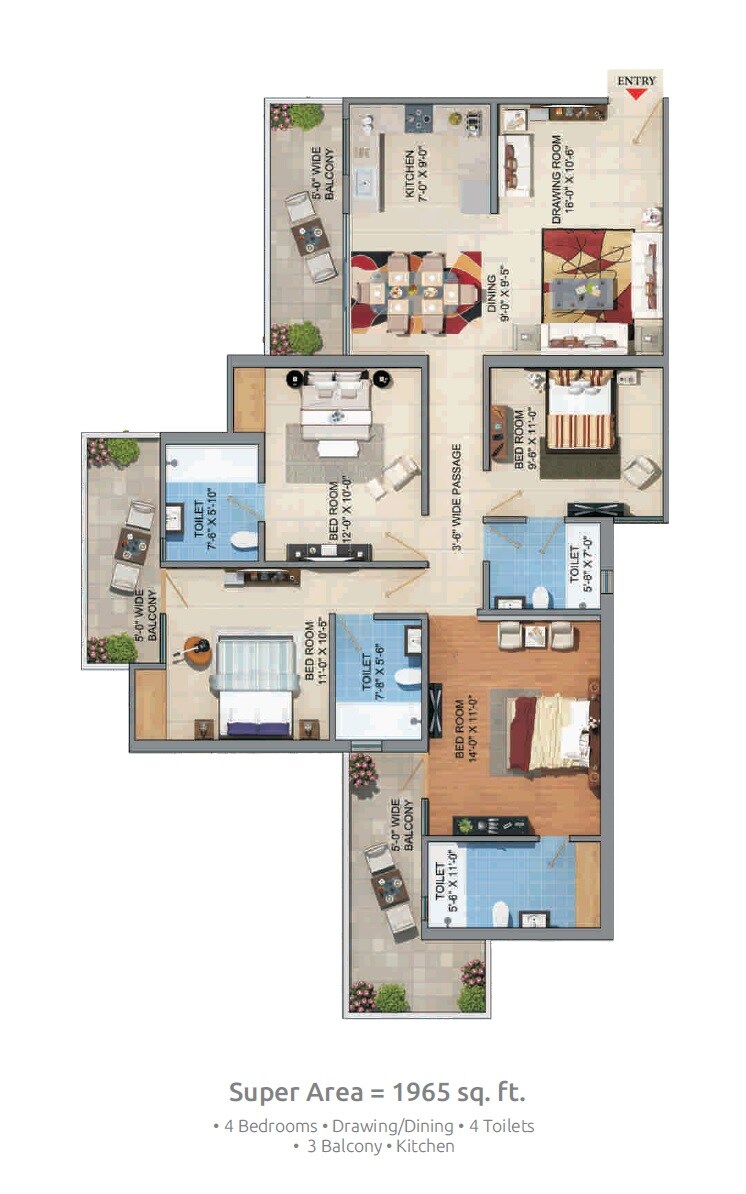 Floor plan of 4 BHK 1965 Sq. Ft. Apartment in JM Florence, Greater Noida