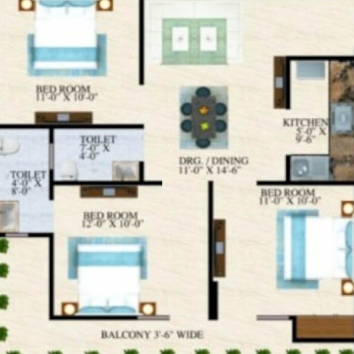 3 BHK 1200 Sq. Ft. Apartment