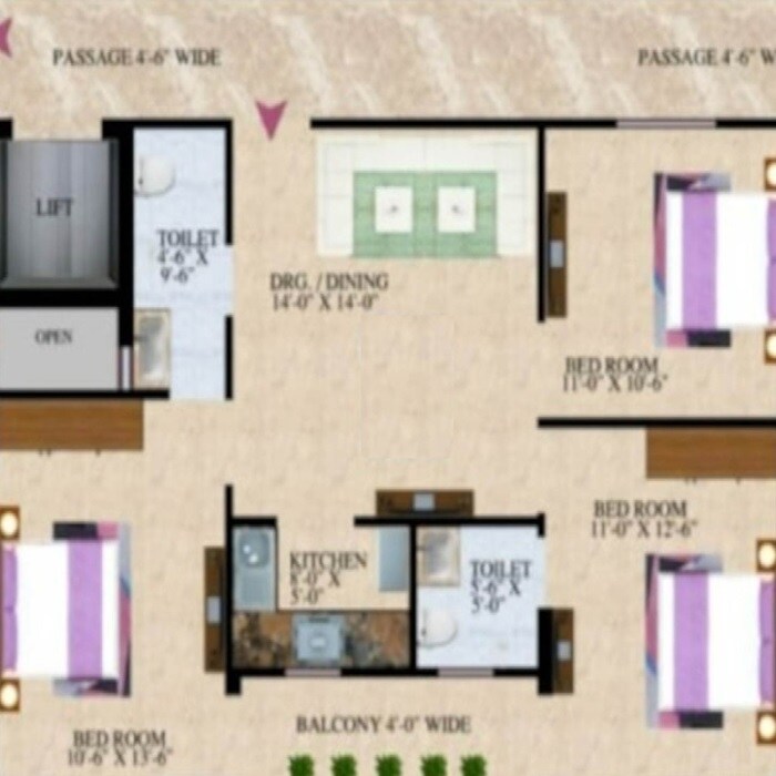 Floor plan of 3 BHK 1350 Sq. Ft. Apartment in JMD Elite View Apartments, Greater Noida