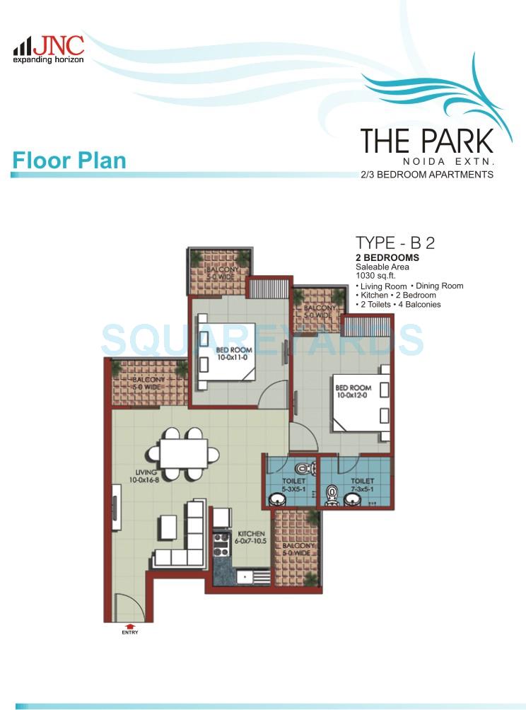 Floor plan of 2 BHK 1030 Sq. Ft. Apartment in JNC The Park, Greater Noida