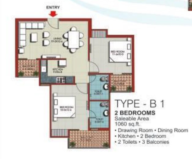 Floor plan of 2 BHK 1060 Sq. Ft. Apartment in JNC The Park, Greater Noida