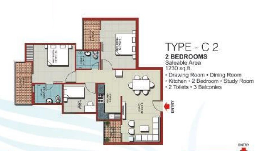 Floor plan of 2 BHK 1230 Sq. Ft. Apartment in JNC The Park, Greater Noida