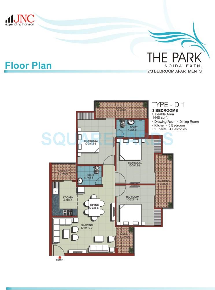 Floor plan of 3 BHK 1440 Sq. Ft. Apartment in JNC The Park, Greater Noida