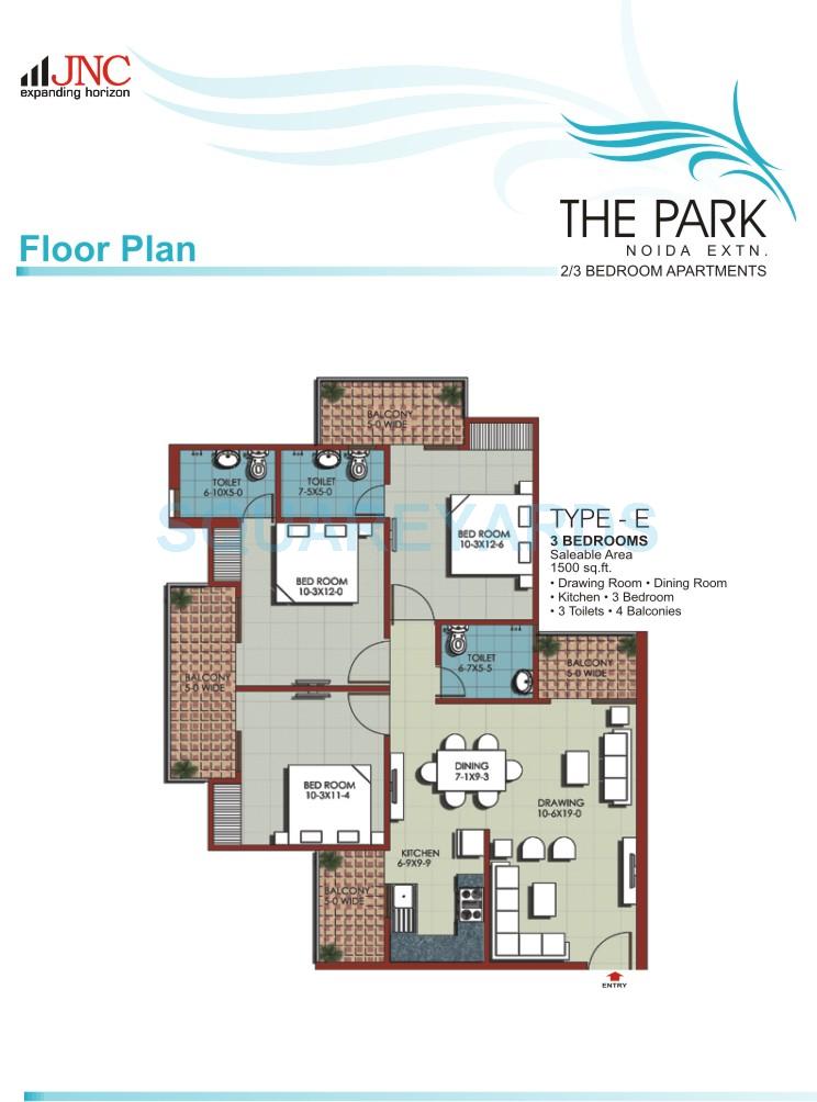 Floor plan of 3 BHK 1500 Sq. Ft. Apartment in JNC The Park, Greater Noida