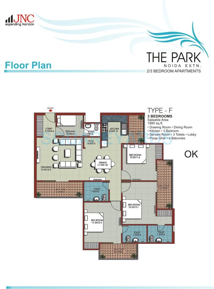 Floor plan of 3 BHK 1880 Sq. Ft. Apartment in JNC The Park, Greater Noida