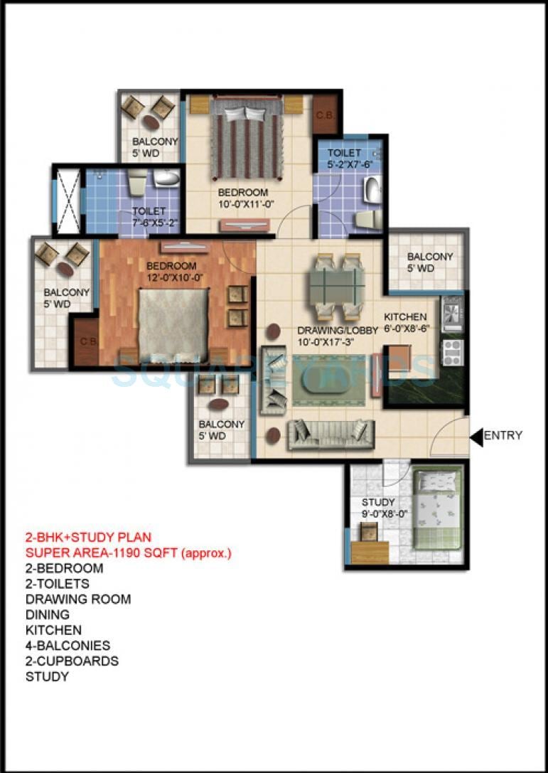 Floor plan of 2 BHK 1190 Sq. Ft. Apartment in Jupiter Commander Tower, Greater Noida