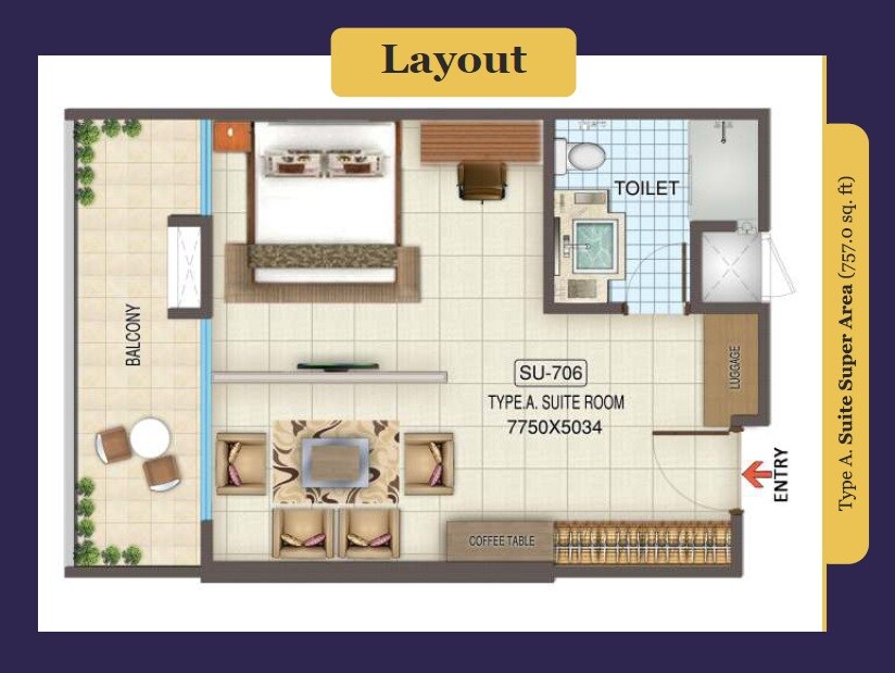 Floor plan of 757 Sq. Ft. Studio in Kaveri City Center, Greater Noida