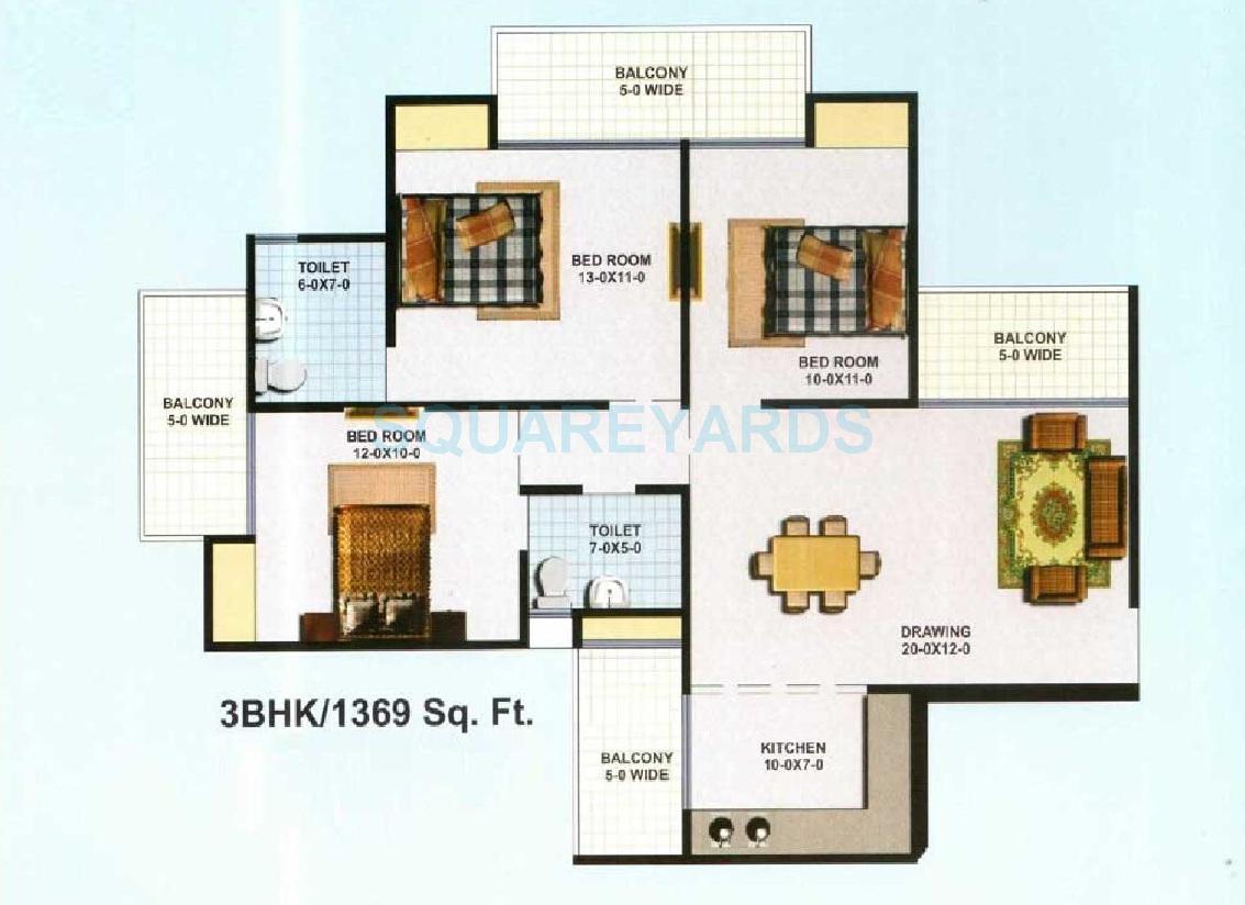 Floor plan of 3 BHK 1369 Sq. Ft. Apartment in Kbnows Apartment, Greater Noida