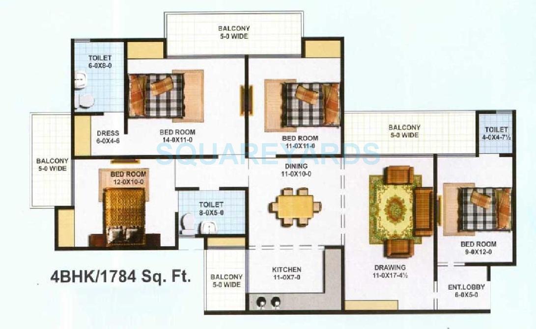 Floor plan of 4 BHK 1784 Sq. Ft. Apartment in Kbnows Apartment, Greater Noida