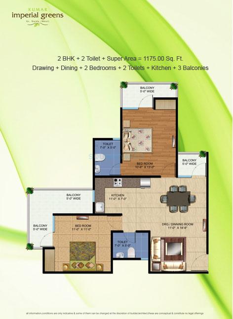 Floor plan of 2 BHK 1175 Sq. Ft. Apartment in Kumar Imperial Greens, Greater Noida