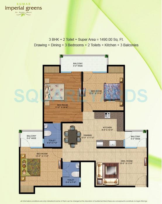 Floor plan of 3 BHK 1490 Sq. Ft. Apartment in Kumar Imperial Greens, Greater Noida