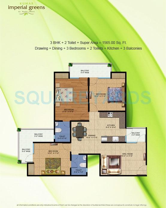 Floor plan of 3 BHK 1565 Sq. Ft. Apartment in Kumar Imperial Greens, Greater Noida