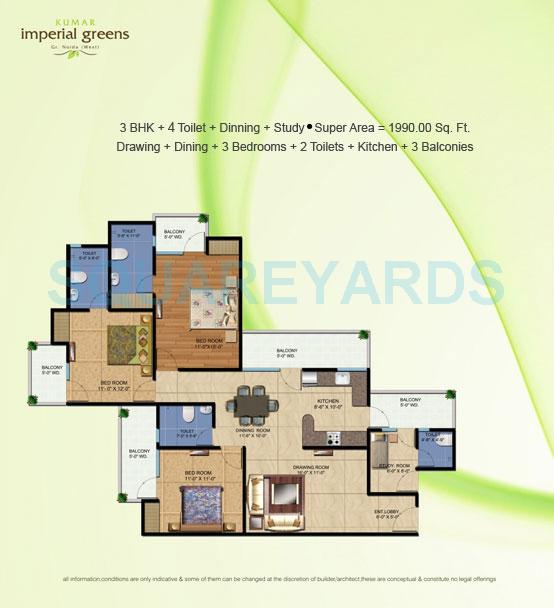 Floor plan of 3 BHK 1990 Sq. Ft. Apartment in Kumar Imperial Greens, Greater Noida