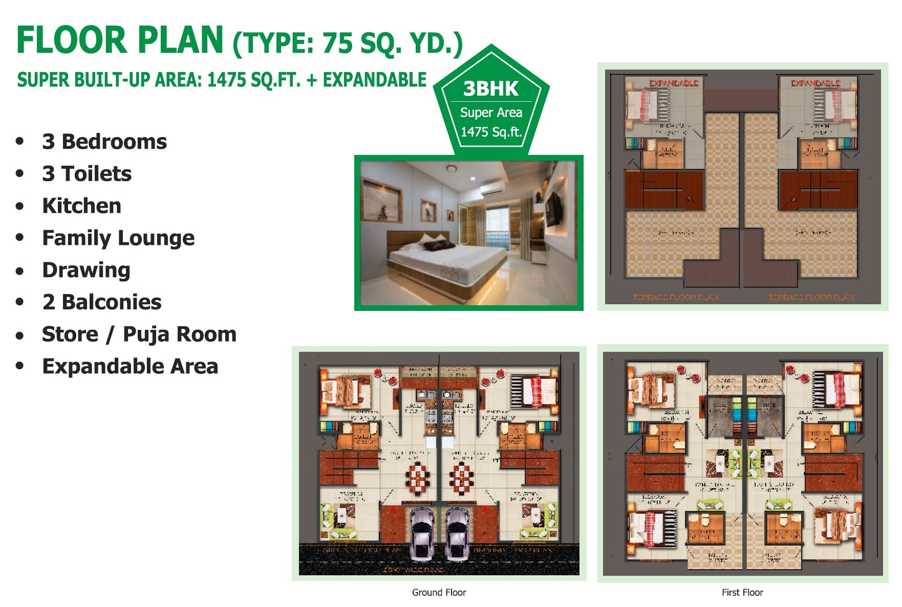 Floor plan of 3 BHK 1475 Sq. Ft. Villa in Kingson Green Villa Phase 2, Greater Noida