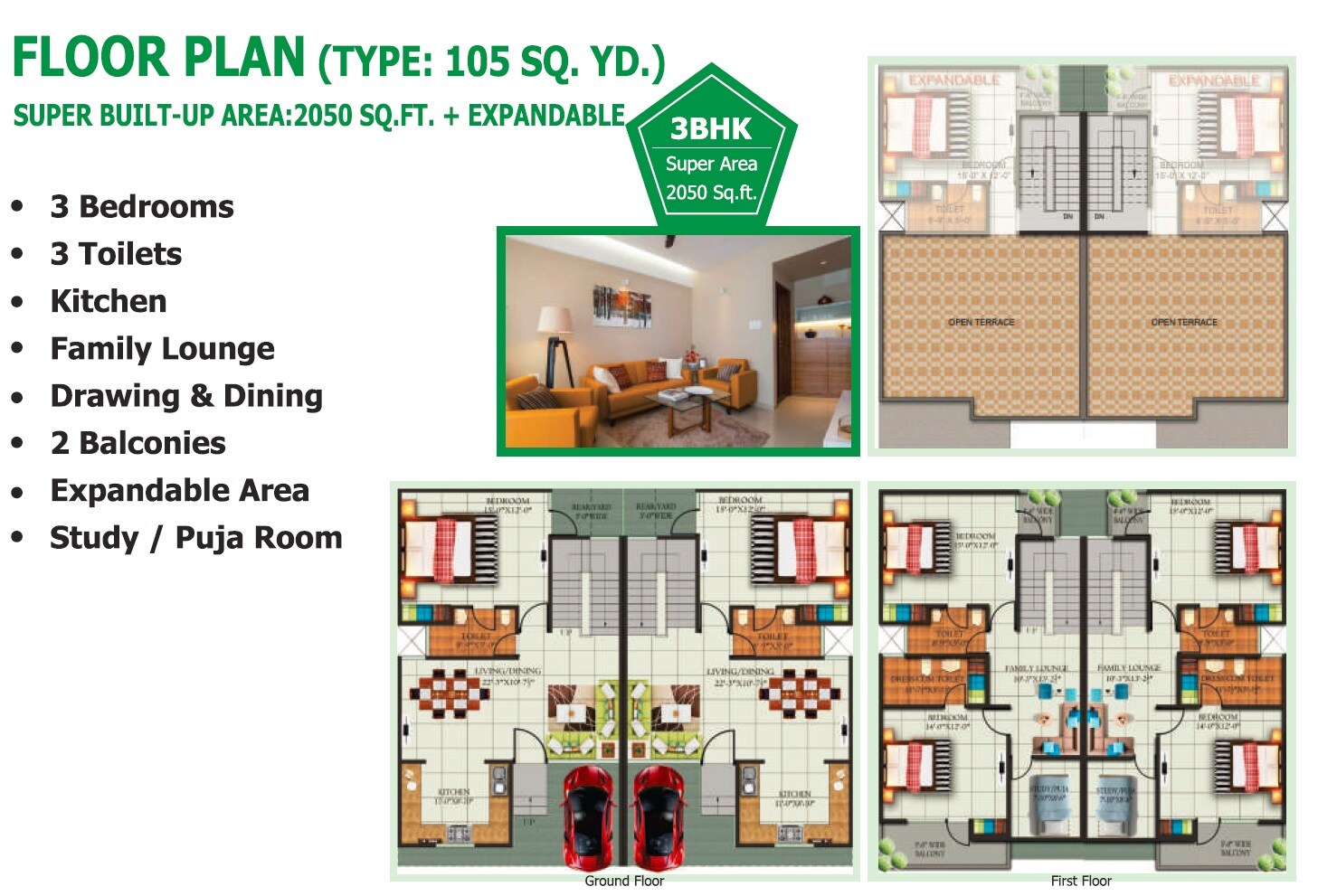 Floor plan of 3 BHK 2050 Sq. Ft. Villa in Kingson Green Villa, Greater Noida