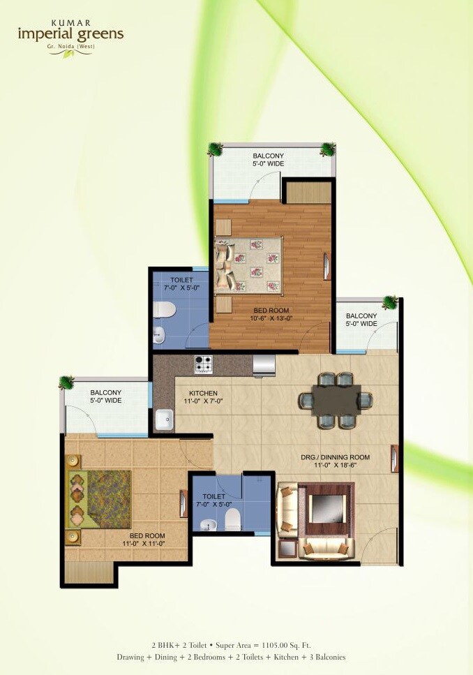 Floor plan of 2 BHK 1105 Sq. Ft. Apartment in Kumar Imperial Greens, Greater Noida