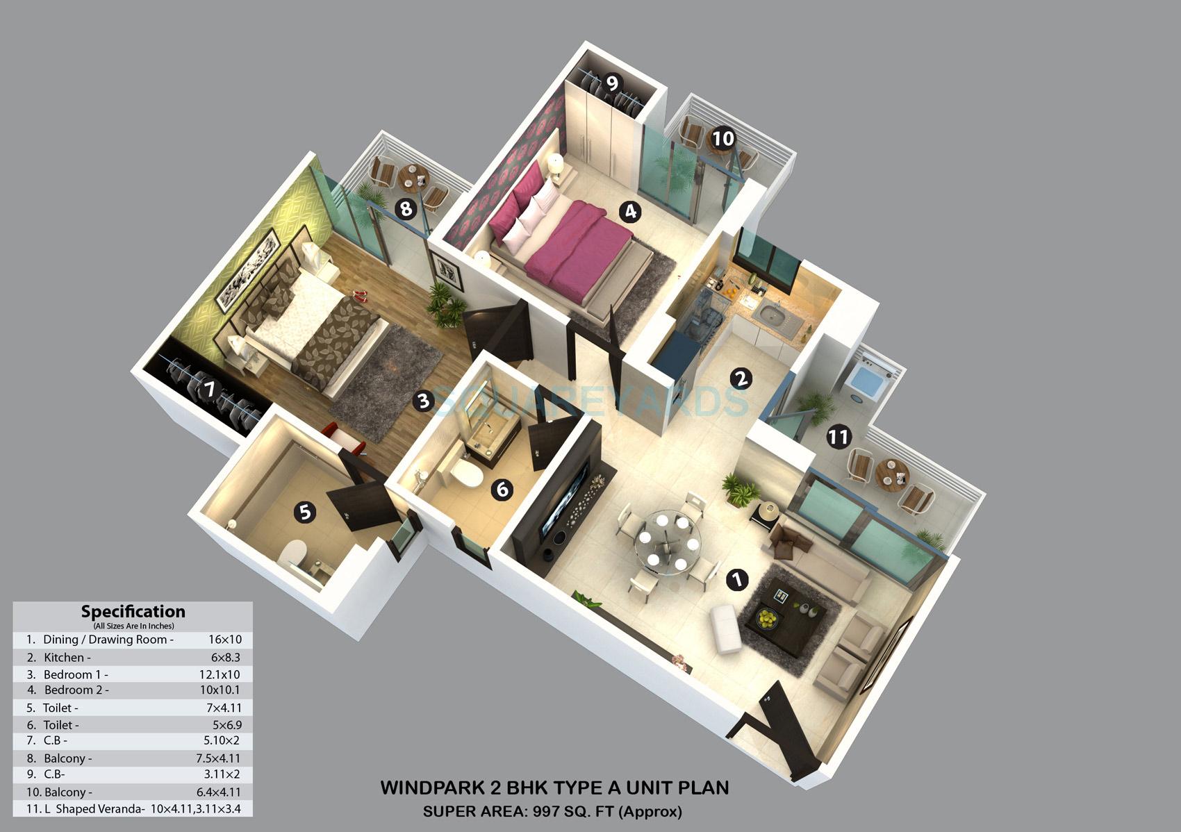Floor plan of 2 BHK 997 Sq. Ft. Apartment in KVD Wind Park, Greater Noida