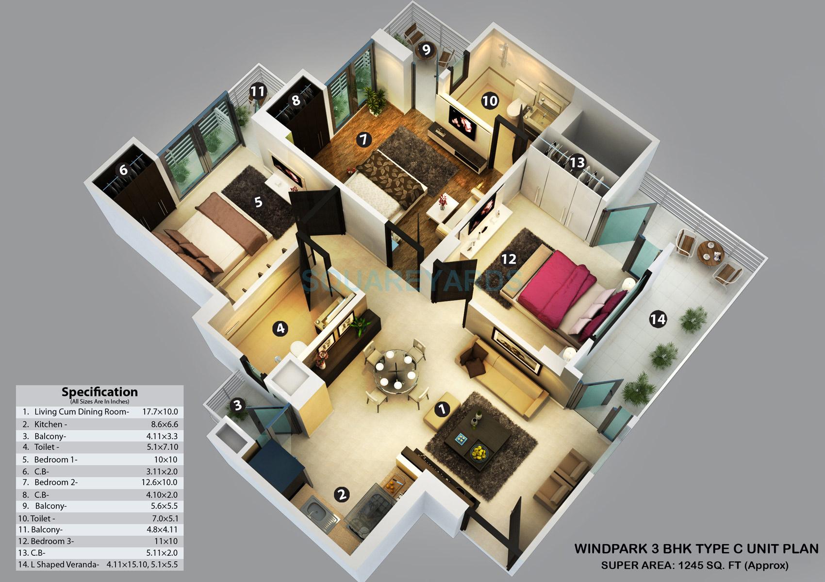 Floor plan of 3 BHK 1245 Sq. Ft. Apartment in KVD Wind Park, Greater Noida