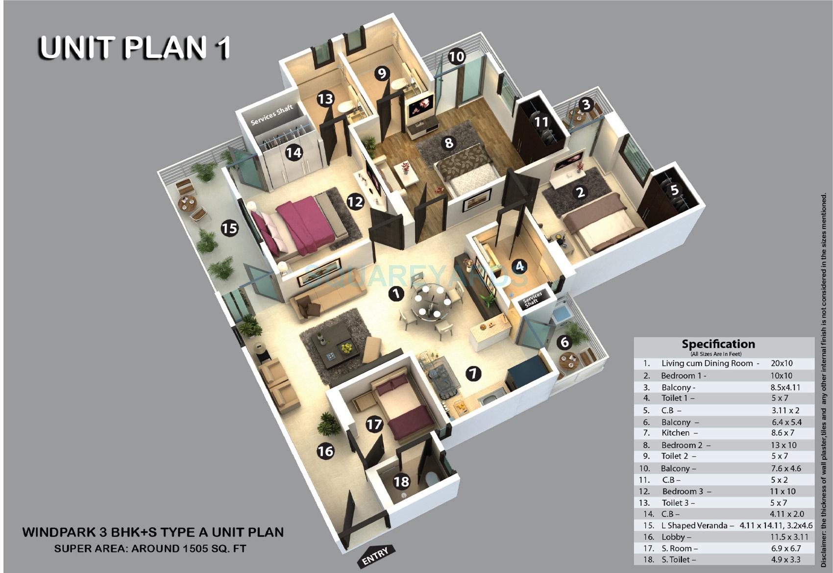 Floor plan of 3 BHK 1505 Sq. Ft. Apartment in KVD Wind Park, Greater Noida